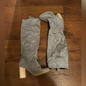Grey Faux Suede Below Knee Boots